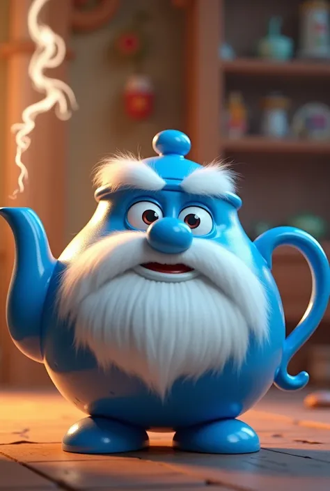 Animated blue teapot with Smurf features and white beard