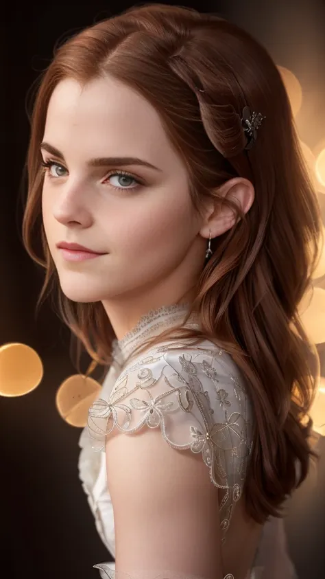 emma watson, (elegant, beautiful face), curly red hair, (cheeky smile:0.8), pale skin, goth makeup, (intricately detailed, fine ...