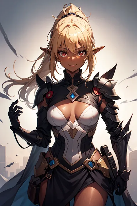 Beautiful images,Detailed Images,Official image,(Background of the base),One Woman,Blonde,Red Eyes,Ponytail Hair,Model body type,(Dark Skin:1.3),Elf Ears,Large Breasts,(Bioarmor:1.3),Smile small,