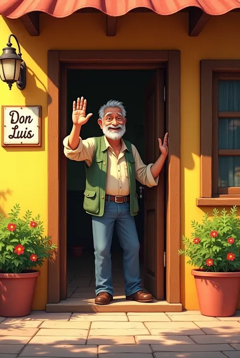 Images of Don Luis waving to the camera while closing the door of his cafeteria