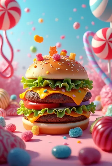 A burger with a candy-themed background