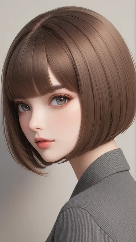 Highest quality　masterpiece　High resolution　masterpiece　Brown Bob　　Grey Eyes　blunt cut