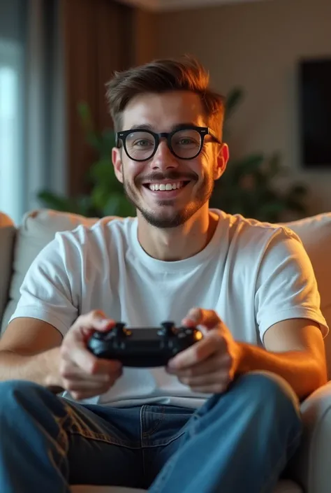 Make a young white man with glasses sitting on a chair playing video games with a happy expression and dressed in baggy clothes 
 