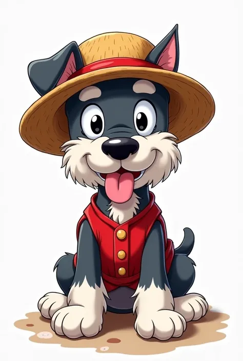 A very happy schnauzer with his tongue out anime style with the hat and vest of Luffy from One Piece on 
