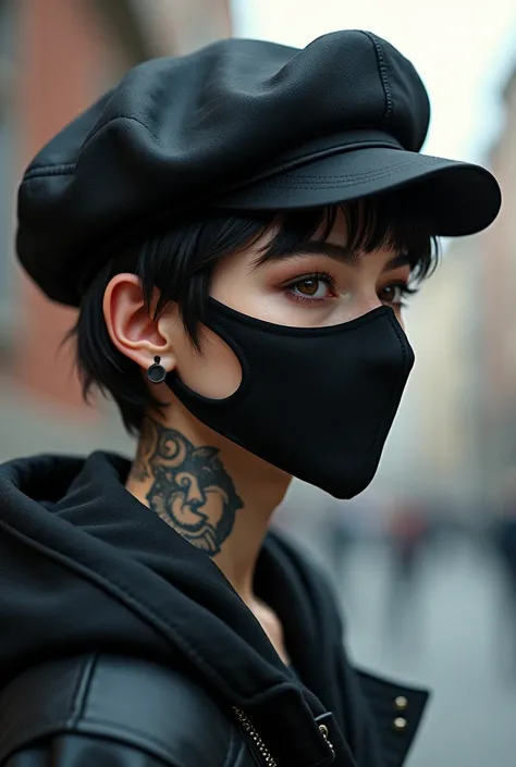 A normal cool teenager with a fishman style hat, with a black mask covering his face, earring in left ear, sceptal piercing and neck tattoo 