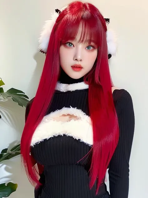 long hair, straight and vibrant red and light eyes, black ribbed knit top with white fur details and a cut, white fluffy hair ac...