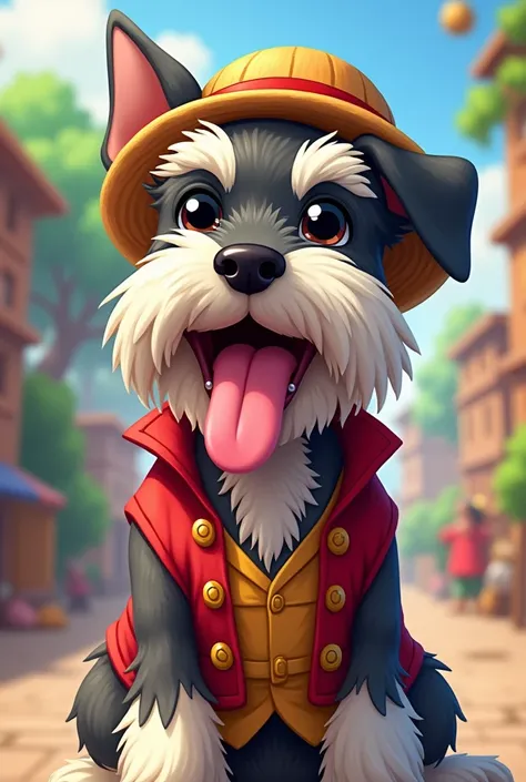 A very happy schnauzer with its tongue out anime style with the hat and vest of Luffy from One Piece on 
