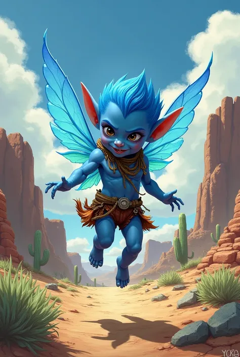 a small, bright blue male fairy with blue flying wings looks like Puck from Berserk. The character should be styled in a fantasy RPG art style, set in the Wild West.