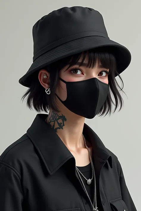 A normal cool teenager in a bucket hat, with a black mask covering his face, earring in left ear, sceptal piercing and neck tattoo 