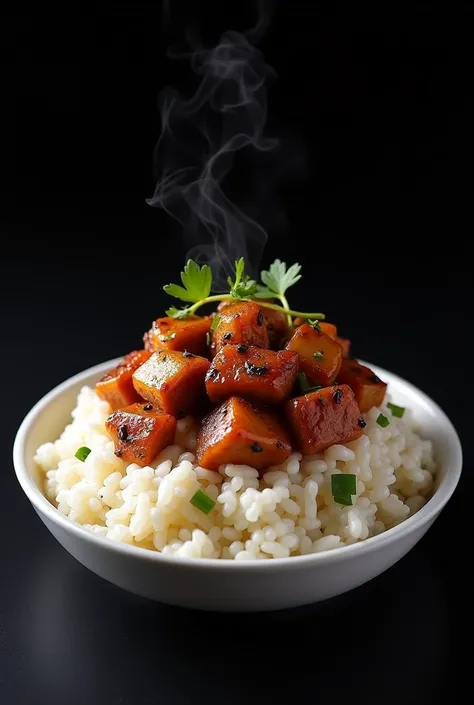 Photo of a rice dish with meat placed on top in a plate on a black background