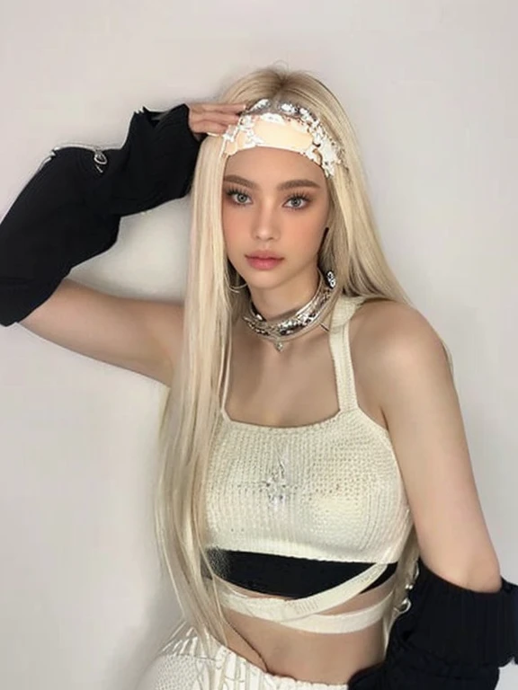 but long, straight, blond hair and light eyes, light cream knit crop top with black overlay, calentadoris de brazos negros, collar de plata con múltiplis dijis, one arm raised, Touching your hair with your hands, side look, soft skin, indoor environment, n...