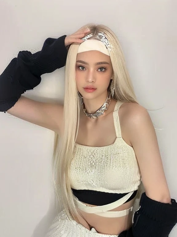 but long, straight, blond hair and light eyes, light cream knit crop top with black overlay, calentadoris de brazos negros, collar de plata con múltiplis dijis, one arm raised, Touching your hair with your hands, side look, soft skin, indoor environment, n...