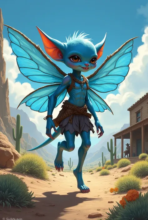 a small, bright blue male fairy with blue flying wings looks like Puck from Berserk. The character should be styled in a fantasy RPG art style, set in the Wild West.