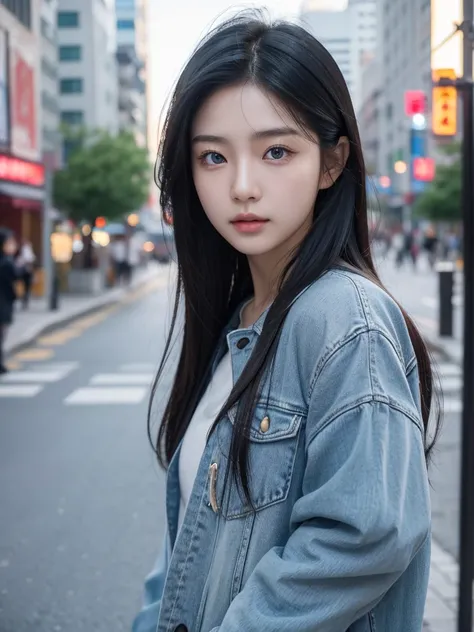 Asian girl from South Korea, 20 years old, Long hair, black hair, High resolution, textured skin, Very detailed, High details, HD Model, high quality, UHD, blue eyes, very realistic photo, city, frontal, only face 