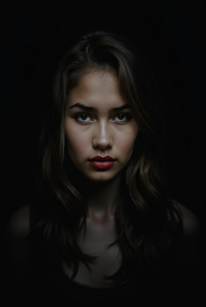 a woman with a worried face, dark environment, black background