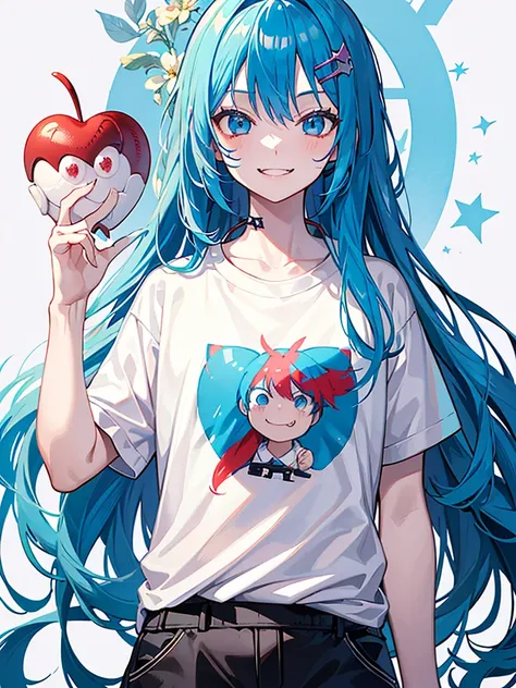 Alone, smile, fringe, hair ornament, blue hair, Horse tail, lovestruck, Athletic body, pretty, t-shirt white, seductive smile, smile, Serious, blue hair, tie black, long hair, messy hair, blue hair, boy, man, 1boy, High resolution, masterpiece, necessary, ...