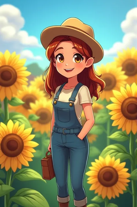 Haley from Stardew Valley wearing a farmer hat, smiling at camera, whole body, anime style, in a field of sunflowers