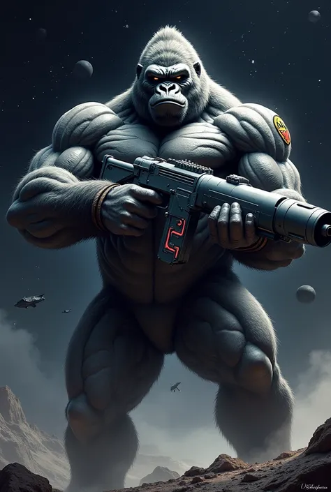 Muscular gorilla space ranger holding a missile launcher 