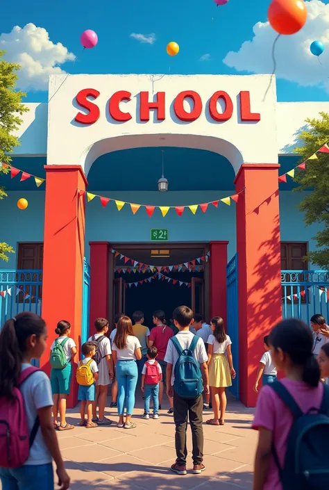 The entrance of a school in the city of Chiclayo, Peru (painted white, Red and blue) decorated with balloons and pennants. Right there a group of parents, students and teachers (gathered together) contemplating the school  