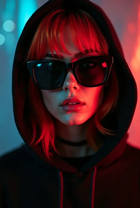 portrait photograph of a woman, with red hair visible under a black hoodie, complemented with dark sunglasses, inspired by Andrei Ryabovichev and Karol Bak, embodying the theme of AlDeeb AlDeeb madness by O.F.A, textile imitation with crimson tones and con...