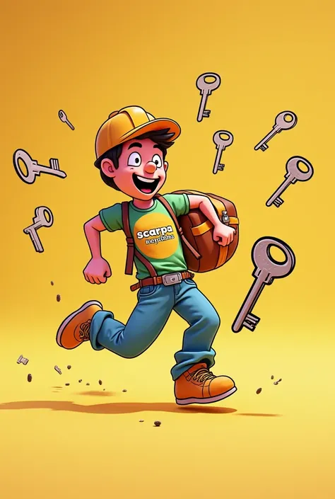 a cartoon-style figure with a tool bag running sideways with some keys floating around and a name written on his shirt "Scarpa Keychain" imagem de boa qualidade 