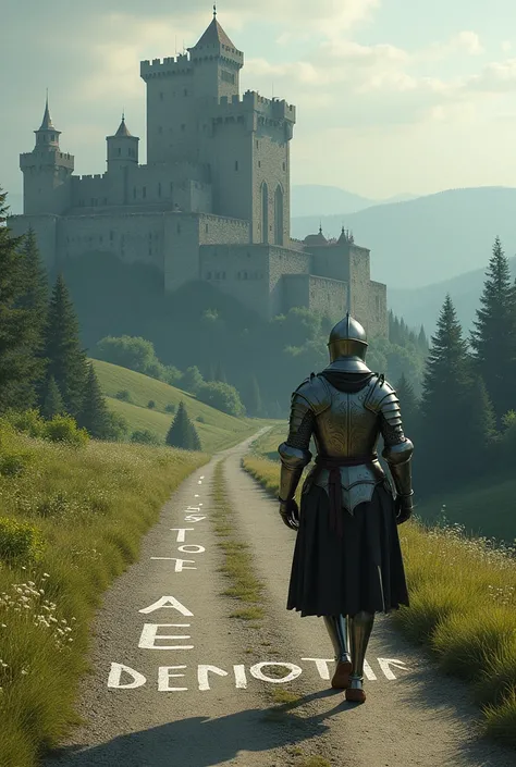 The same knight in armor walking on a road that says TRUTH written in Spanish, And a little further away a castle with the word silence inscribed high up 
