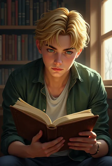 Create the image of an 1 teenage man with blond hair and green eyes, let him be mature and reading a book in a library, let him be realistic.