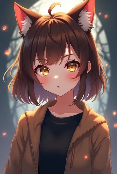 Anime art style, female character, brown semi short hair, golden eyes, brown cat ears, wearing a brown jacket with black T-shirt, face close up, fantasy background