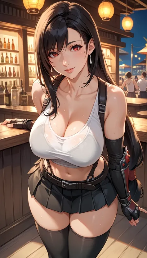 Izayoi Seishin artstyle, (score_9, score_8_up, score_7_up), (best quality, masterpiece),perfect anatomy,(aesthetic,very aesthetic),official style, (ultra-high resolution), 1girl, tifa lockhart, final fantasy,(beautiful woman).tareme, black hair, low-tied l...