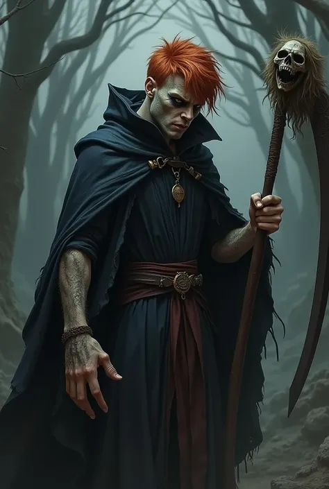 Young pale skin male,  4 inch red hair, Dark cloak, Warlock, 1 handed scythe with skull on hilt,  one black eye, casting spell, beaten up, wearing bone mask on half of face, mask on face part of face, Arm of a werwolf, partial werwolf transformation 