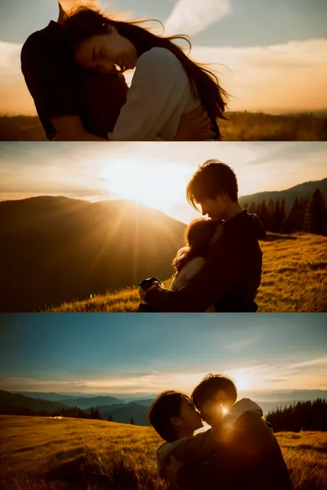 couple hugging on a mountain with the sun coming in