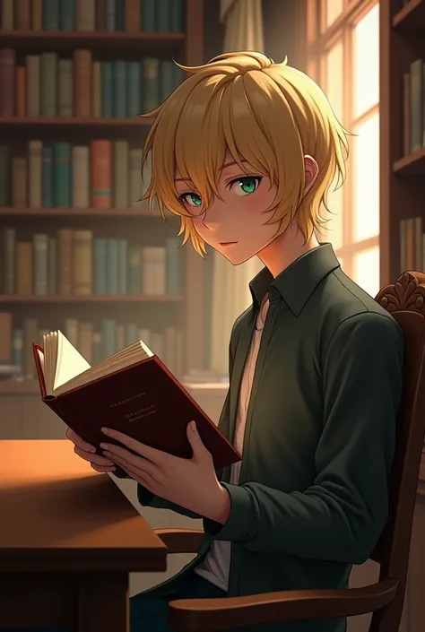 Create the image of an 1 teenage male with blond hair and green eyes reading a book in a library, make it realistic and make the man mature. 