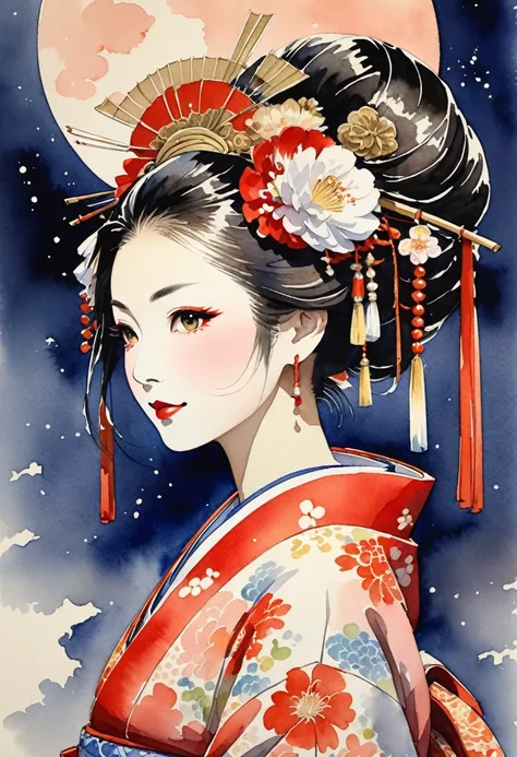 watercolor, portrait, 40-year-old Japanese woman, oiran, moon in the background, Edo period, traditional attire, hair ornaments, kimono, elegant, graceful, sensual, sophisticated, upper body, delicate textures, moonlight glow