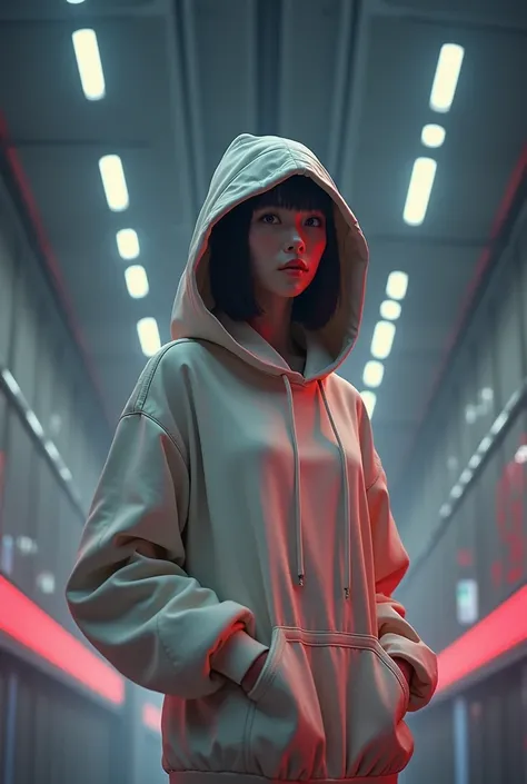 a highly detailed and realistic android girl, beautiful cyborg in japan, wearing an oversize hoodie, 8k resolution, framing technique, sci-fi concept, perfect lighting technique, natural pose, ultra realistic, extremely detailed pores, cute girl