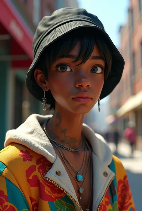 A normal dark-skinned male teenager with a bucket hat, earring in left ear, piercing no nariz, rose tattoo on neck, wearing colorful and open clothes, with highlights in her hair wearing chains around her neck 