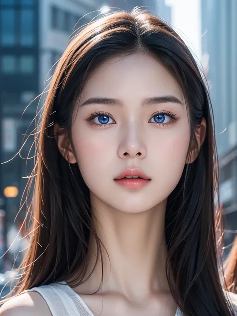 Asian girl from South Korea, 20 years old, Long hair, black hair, High resolution, textured skin, Very detailed, High details, HD Model, high quality, UHD, blue eyes, very realistic photo, city, frontal, only face, thick lips 