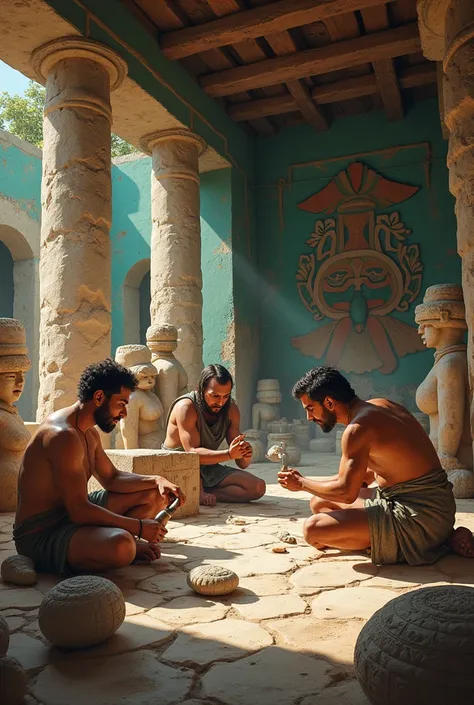 Art and sculpture: The Mayans were skilled in creating sculptures from stone and jade., as well as in mural painting. You could represent craftsmen working in a workshop.

