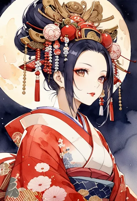 watercolor, portrait, 40-year-old Japanese woman, oiran, moon in the background, Edo period, traditional attire, hair ornaments, kimono, elegant, graceful, sensual, sophisticated, upper body, delicate textures, moonlight glow