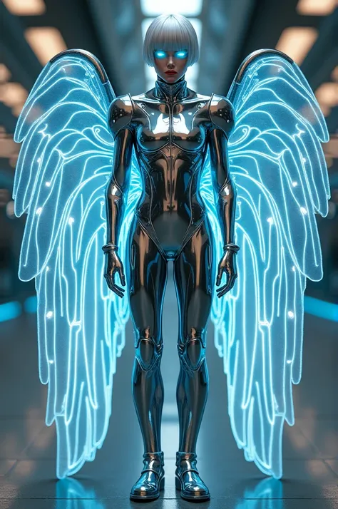 a charismatic figure with a futuristic appearance. His hair is silver, and wears a shiny suit that reflects advanced technologies. his eyes, of an electric blue, They convey a disturbing intelligence, and from his back emerge stylized wings that look like ...