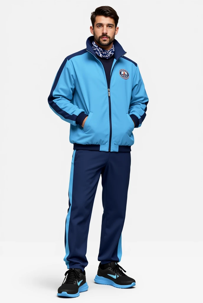 jacket: Sky blue with team logo embroidered on left chest. The jacket has a front zip and navy blue details on the cuffs and collar..
pants: Navy blue, straight, with a light blue stripe on the sides.
sneakers: Black sneakers with light blue details.
Optio...