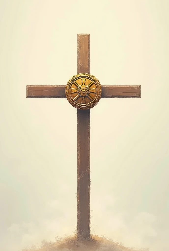 A shirt print with a cross and the Saint Benedict medal in the center less realistic 