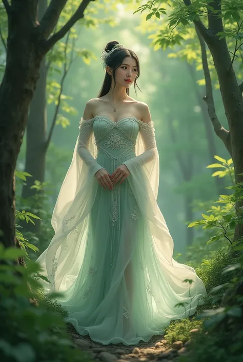 Woman in hanfu dress with a name Luyi, Green Forest background 