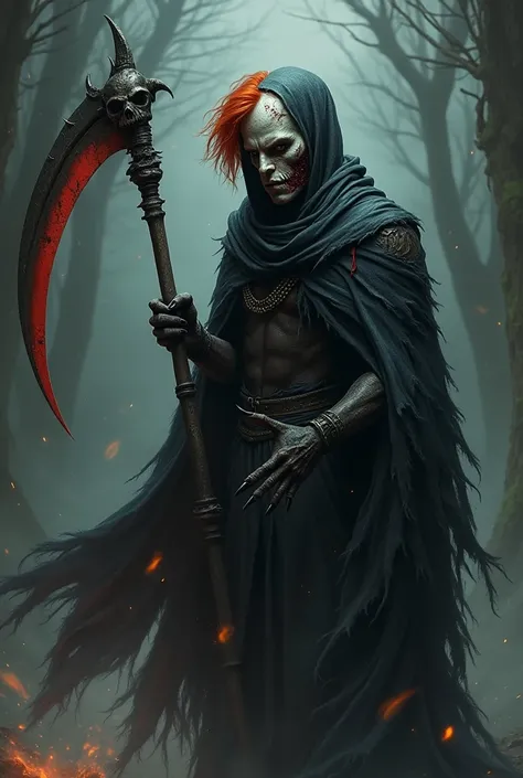 Young pale skin male,  4 inch red hair, Dark cloak, Warlock, 1 handed scythe with skull on hilt,  one black eye, casting spell, beaten up, wearing bone mask on half of face, mask on face part of face, Arm of a werwolf, partial werwolf transformation, werwo...