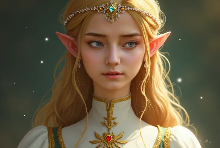 Staring at me and smiling、「The Legend of Zelda」A delicate and detailed portrait of Princess Zelda from。Focus on the upper body and face。In a white dress、The collar and vest are lavishly embroidered in gold.。Long golden hair flowing down to her shoulders、Pe...