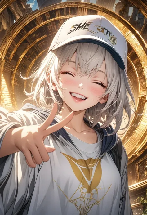 masterpiece, Highest quality, Highly detailed CG Unity 8K wallpapers, High School Girl Anime Illustration. Wear oversized clothing、she has her eyes closed and mouth open, smile. Realistic Backgrounds, 3Dart, white hair color, Yellow Eyes, Anatomical Finger...