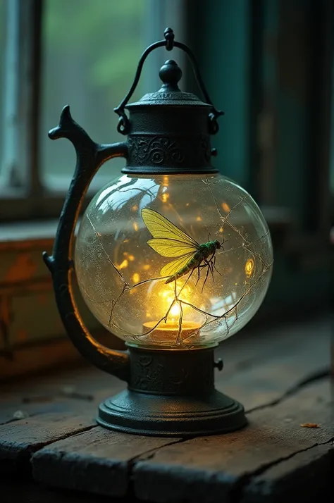 Round lamp with broken glass and firefly inside