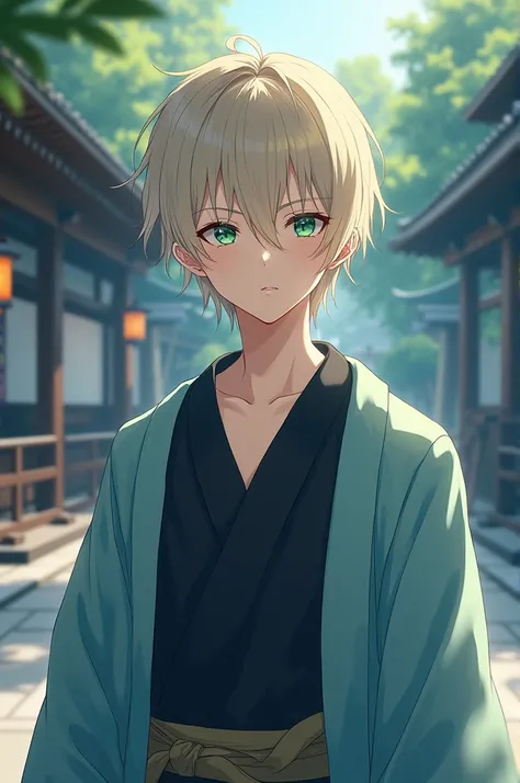 Please create an anime-style effeminate boy with medium-long light blonde hair, dark green eyes, pale skin, athletic body, parts, a mole on the neck, Dress her in a dark pastel blue and black yukata