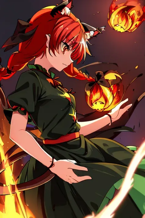 (((touhou, flame cat orin, costume, zombie fairy, black ribbon, red hair, two braids, cat ears)))