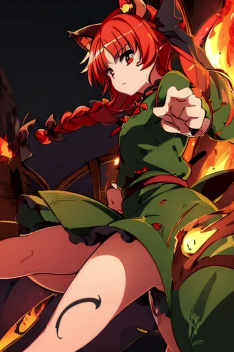 (((touhou, flame cat orin, costume, zombie fairy, black ribbon, red hair, two braids, cat ears)))