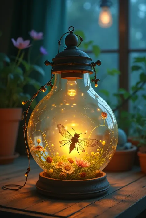 Round lamp with broken glass and firefly inside Disney Pixar style